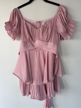 Blush Pink Tiered Romper with Satin Waist